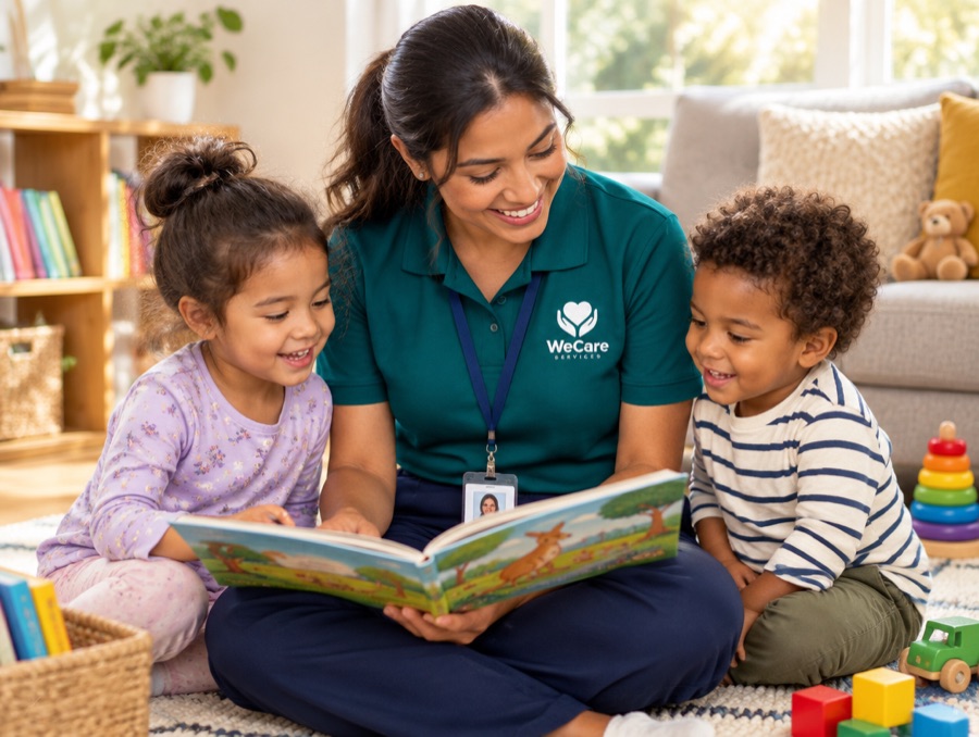 Carer reading with two young children