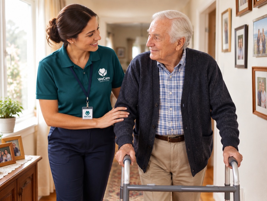 A WeCare support worker helping an elderly man walk with a frame at home