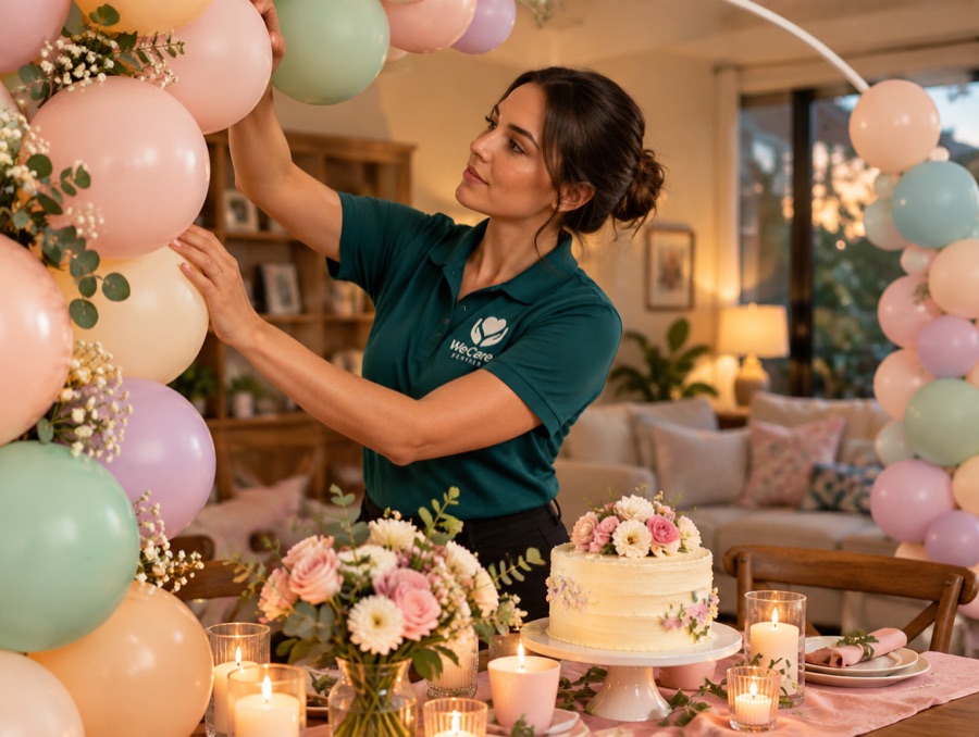 Elegant home celebration setup with balloons and flowers