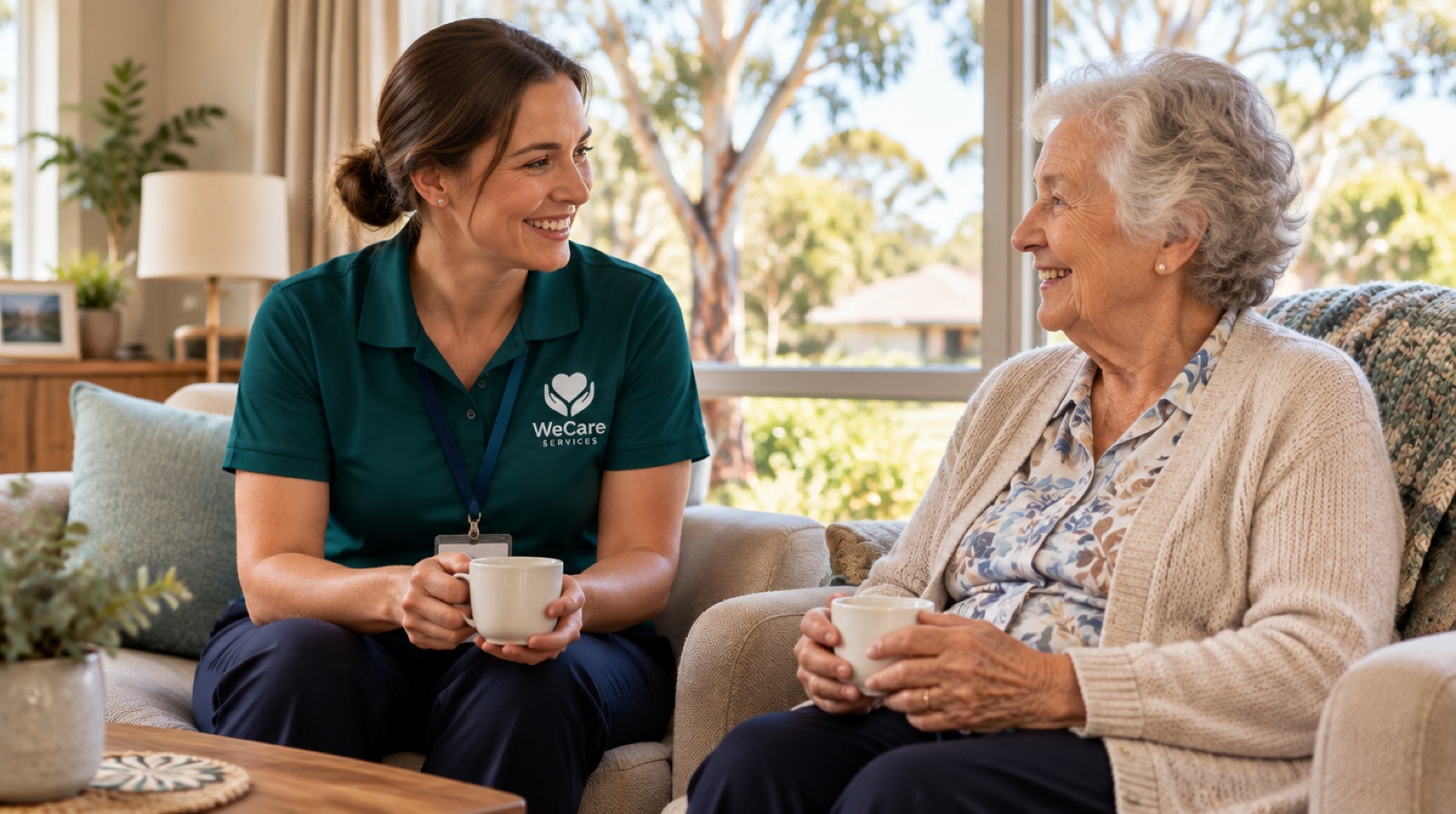 A WeCare support worker sharing a cup of tea with an elderly client in a sunlit Australian living room.