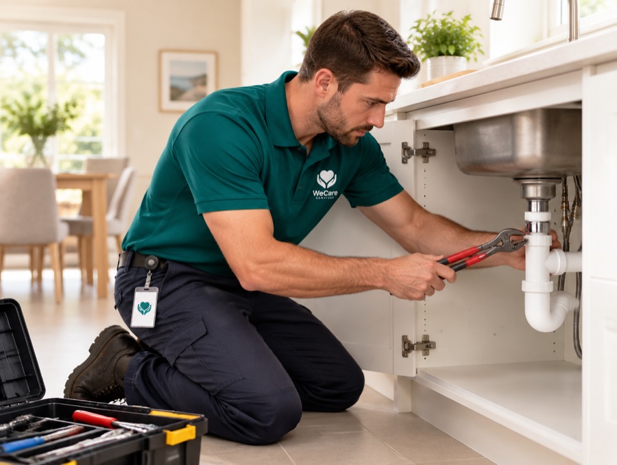 Tradesperson repairing under a kitchen sink